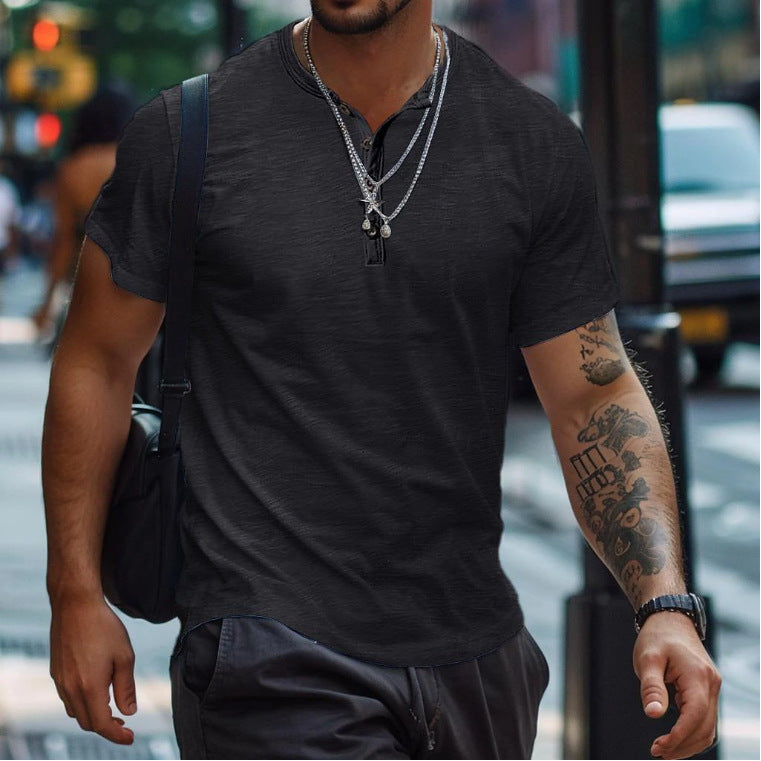 Men's Textured Button Neck Polo Shirt