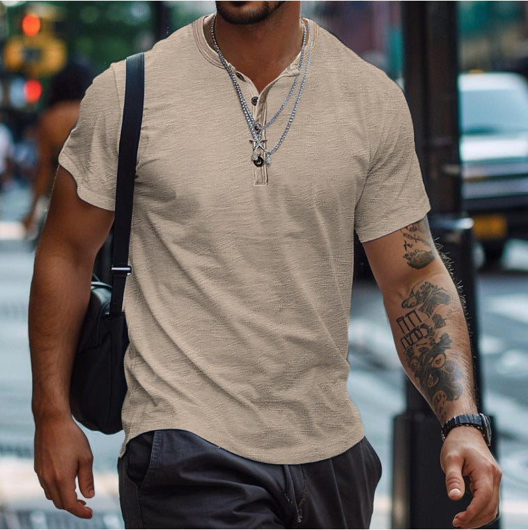 Men's Textured Button Neck Polo Shirt - Khaki
