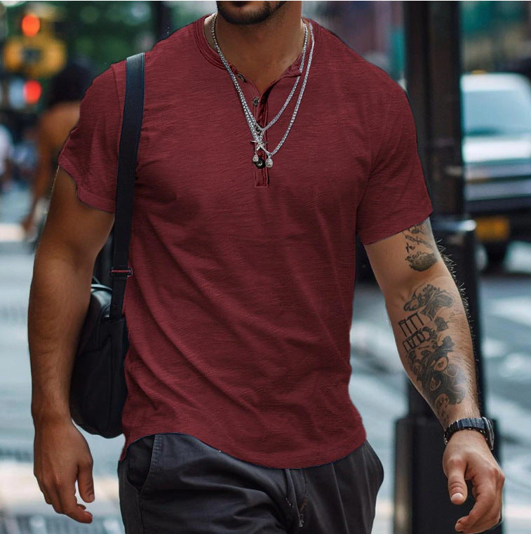 Men's Textured Button Neck Polo Shirt - Wine Red