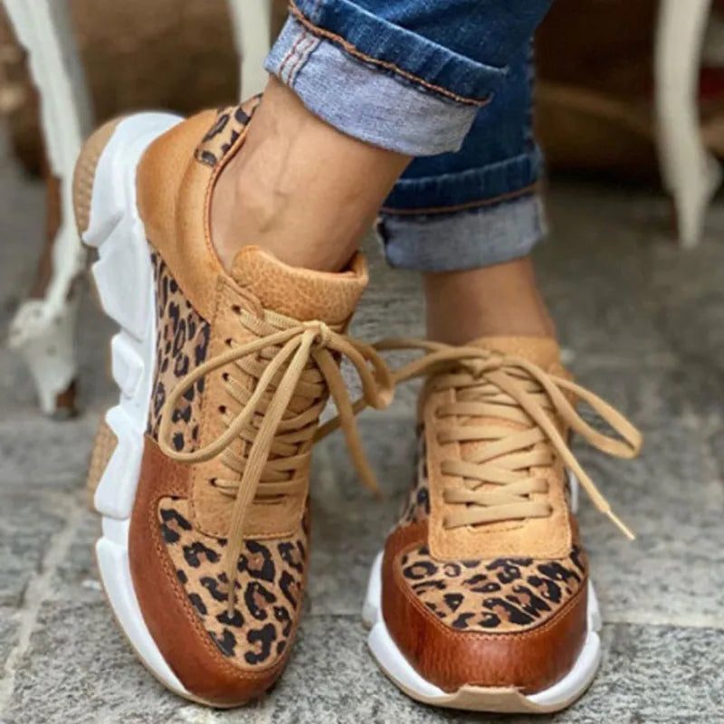 Women's Leopard Print Lace-Up Sneakers with Chunky Sole - Leopard