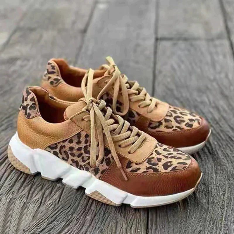 Women's Leopard Print Lace-Up Sneakers with Chunky Sole