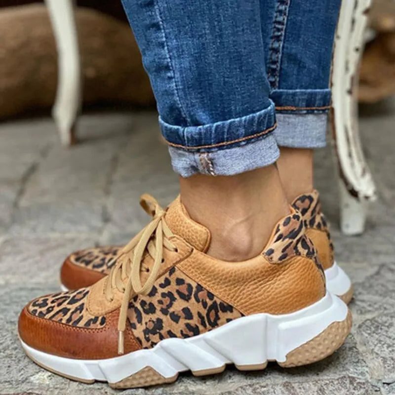 Women's Leopard Print Lace-Up Sneakers with Chunky Sole