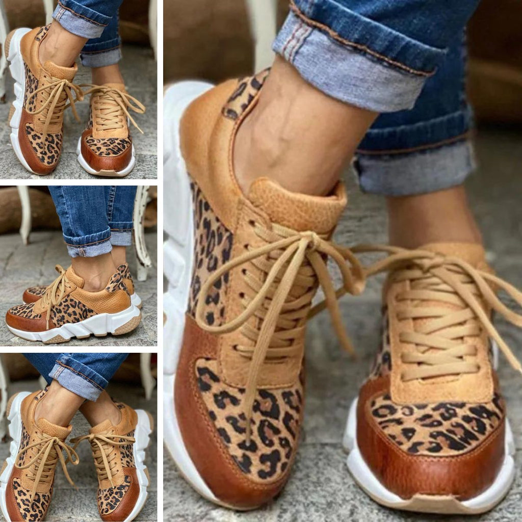 Women's Leopard Print Lace-Up Sneakers with Chunky Sole