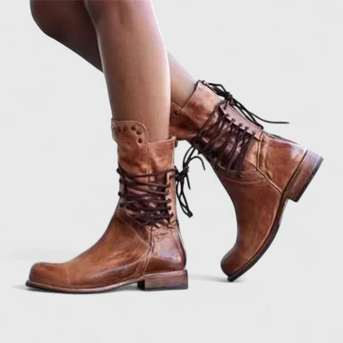 Women's Lace-Up Block Heel Leather Boots