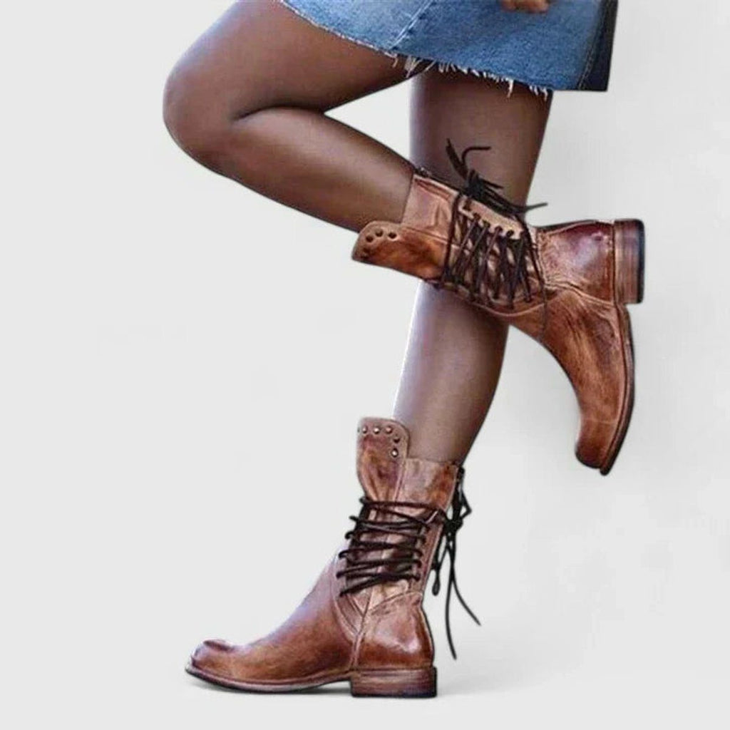 Women's Lace-Up Block Heel Leather Boots