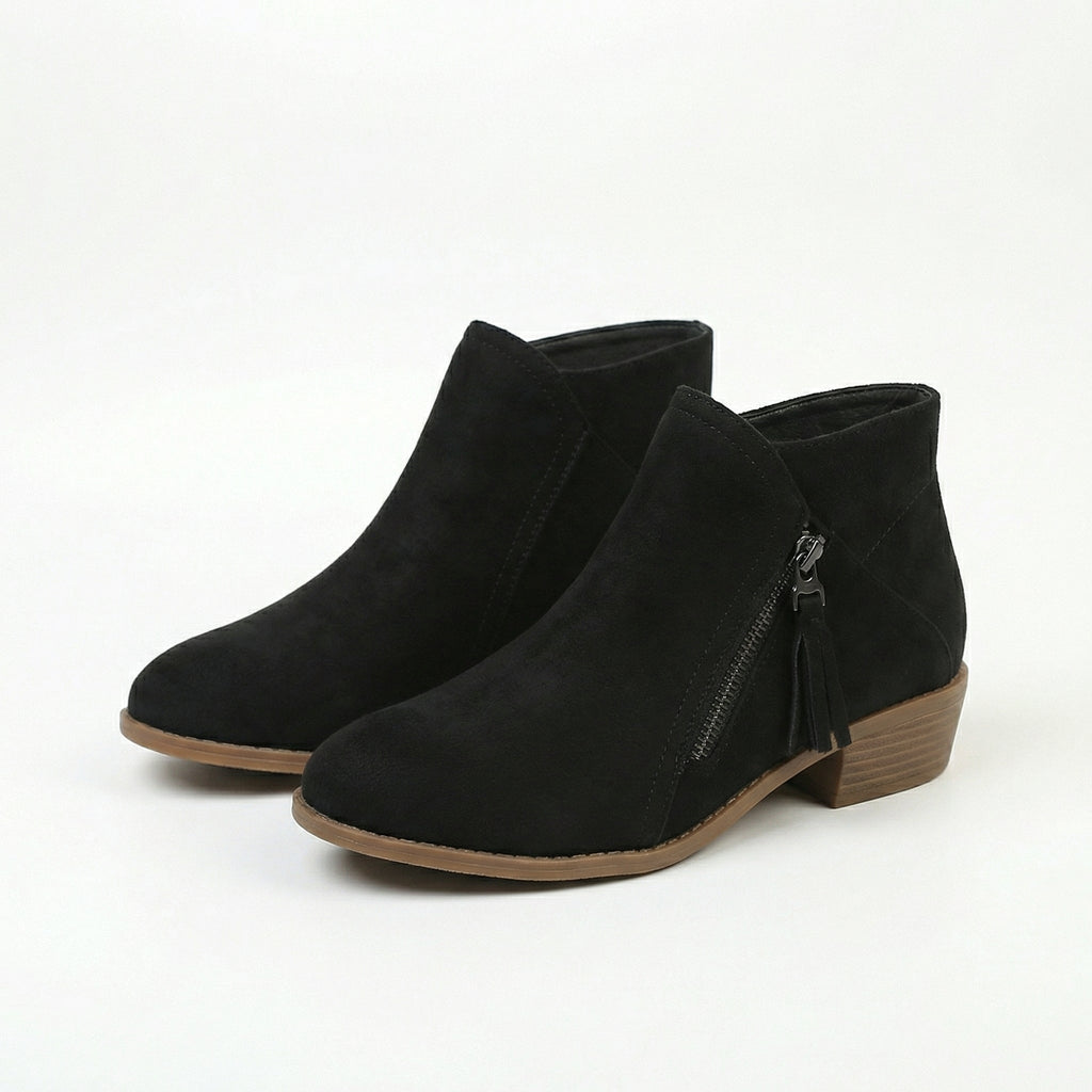 Women's Suede Look Ankle Boots with Tassel Zip - Black