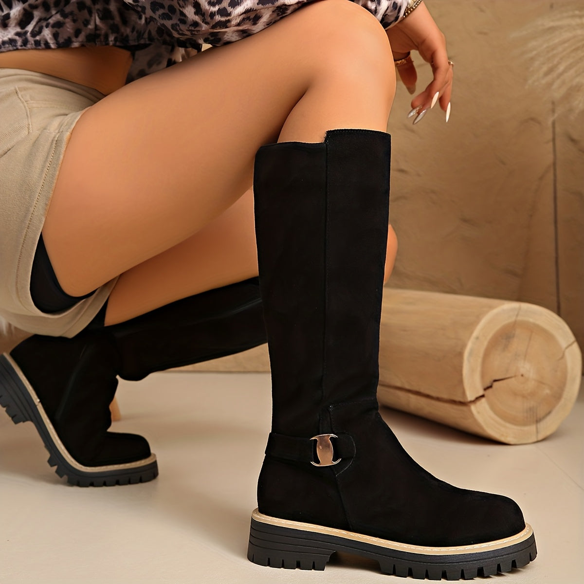Women's Black Knee High Block Heel Boots