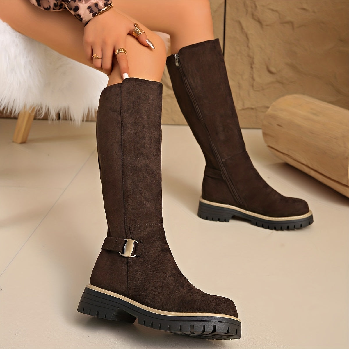 Women's Black Knee High Block Heel Boots