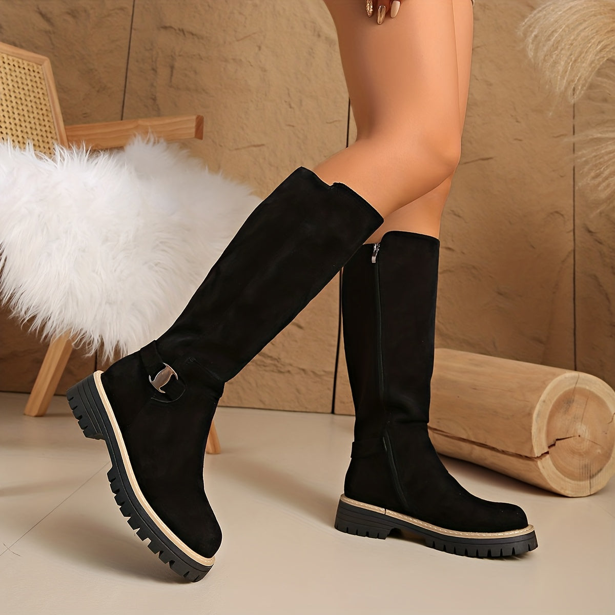Women's Black Knee High Block Heel Boots