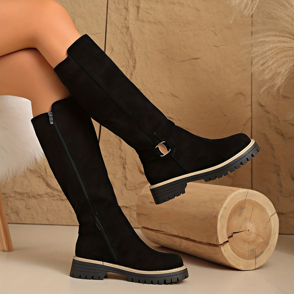 Women's Black Knee High Block Heel Boots