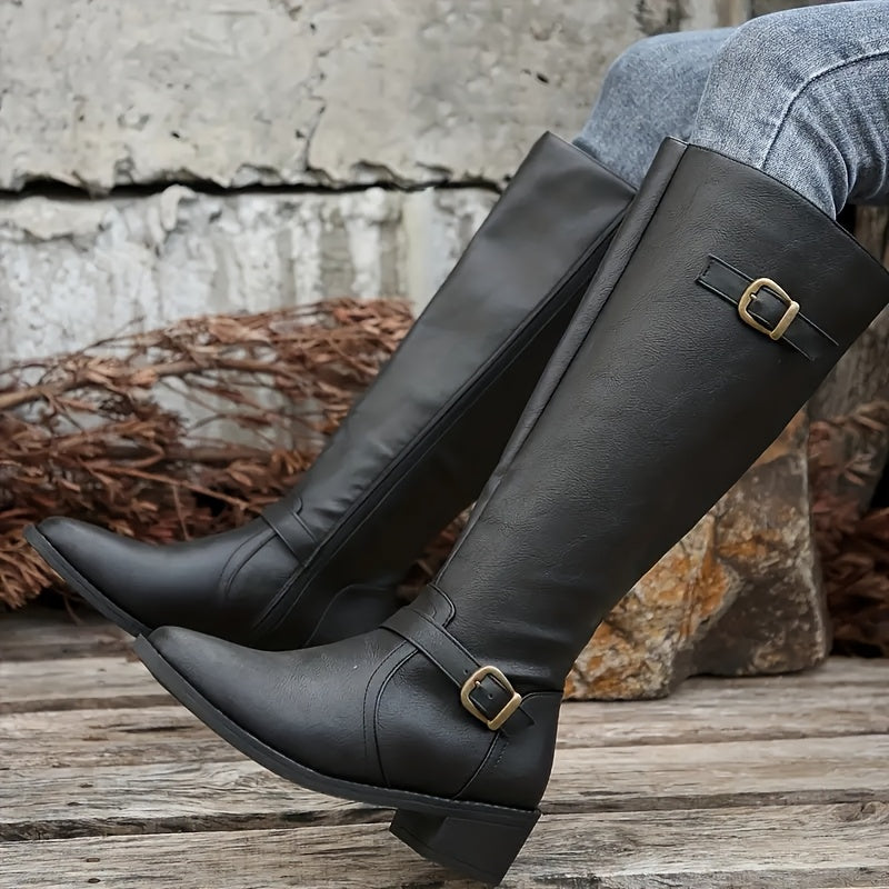 Women's Leather-Look Buckle Knee High Boots