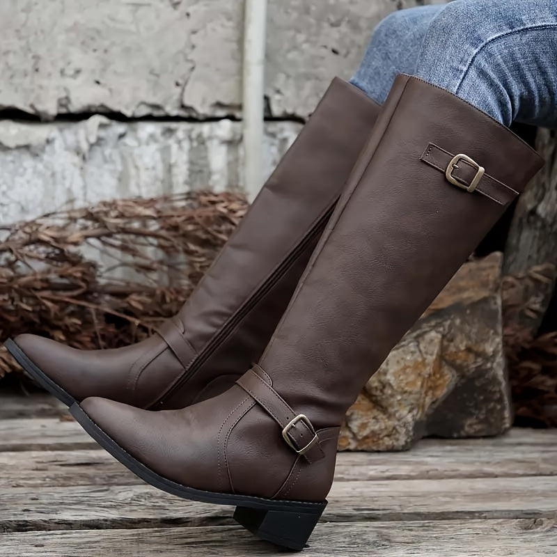 Women's Leather-Look Buckle Knee High Boots