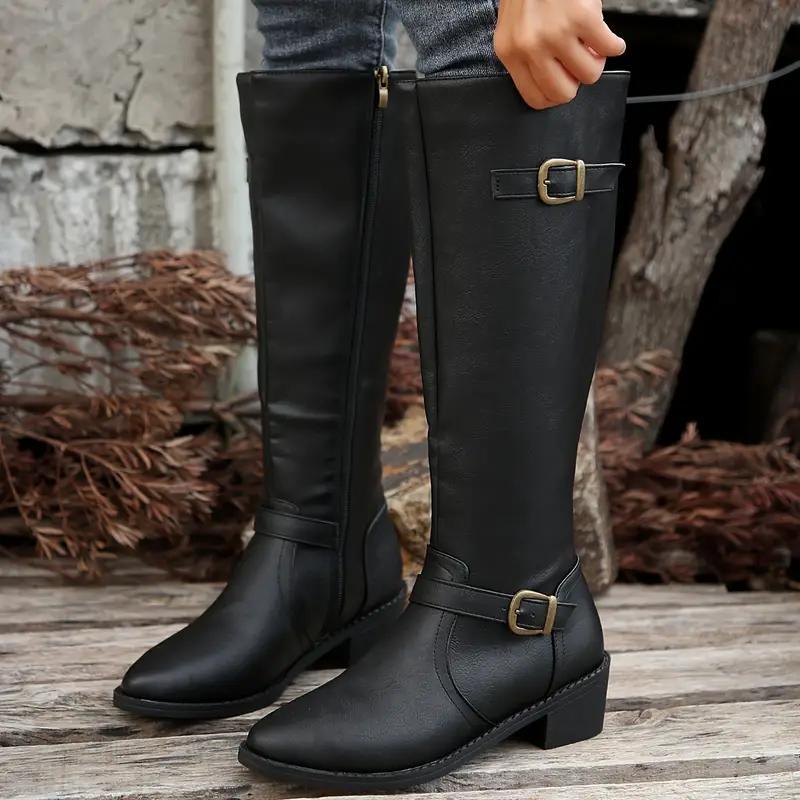 Women's Leather-Look Buckle Knee High Boots