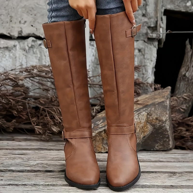 Women's Leather-Look Buckle Knee High Boots