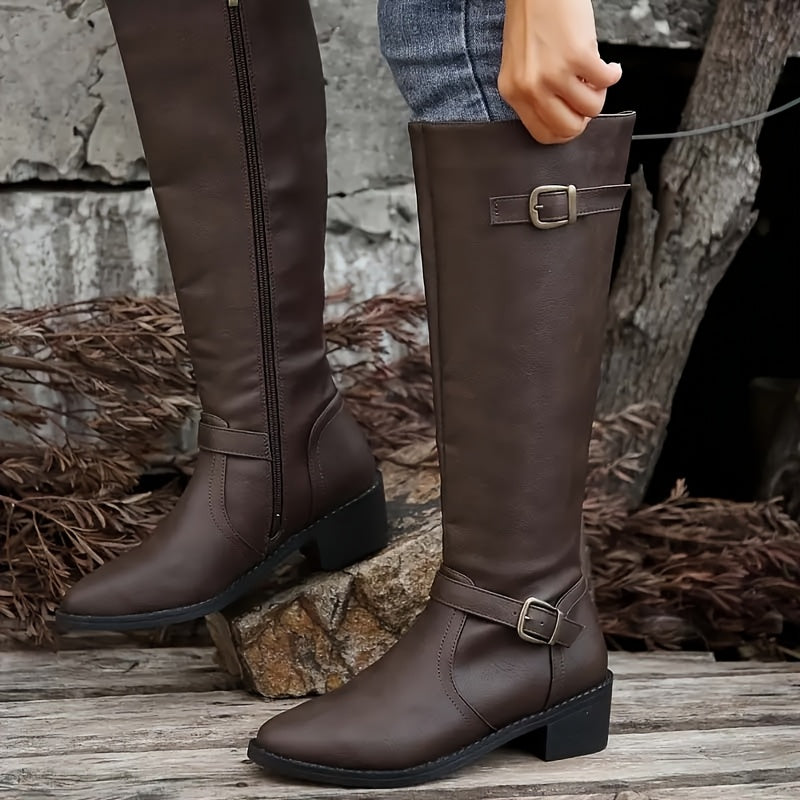 Women's Leather-Look Buckle Knee High Boots