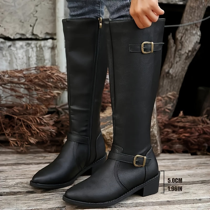 Women's Leather-Look Buckle Knee High Boots