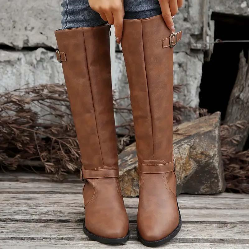 Women's Leather-Look Buckle Knee High Boots