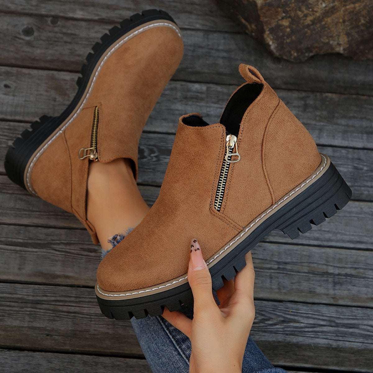 Women's Platform Lug Sole Ankle Boots with Side Zip