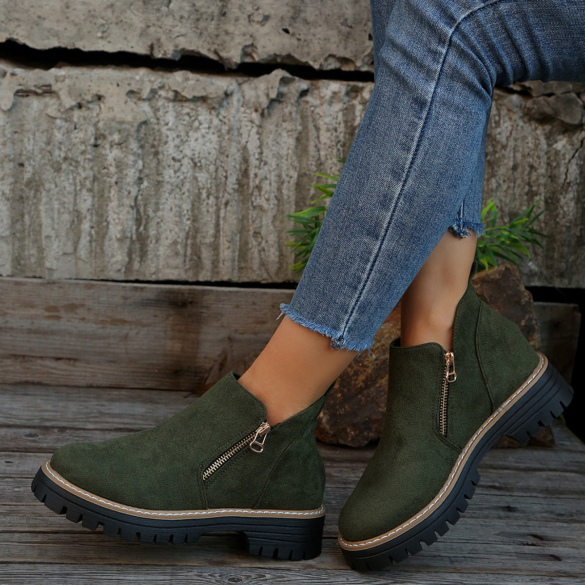 Women's Platform Lug Sole Ankle Boots with Side Zip