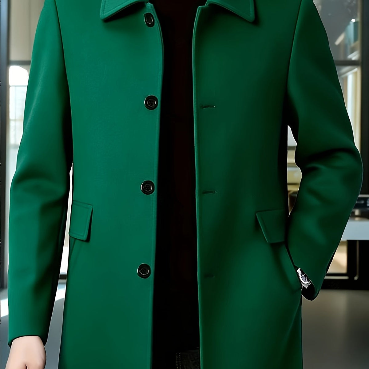 Men's Refined Single-Breasted Overcoat with Side Pockets