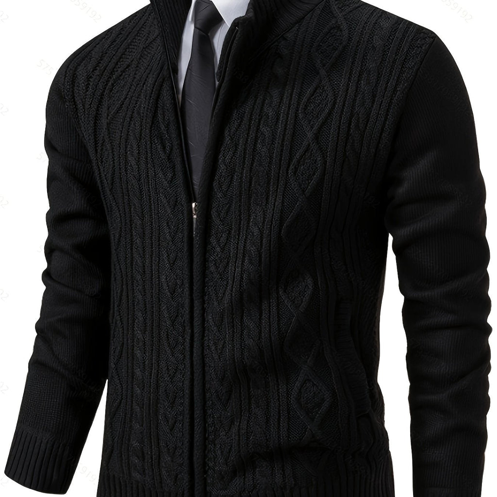 Men's Cable-Knit Stand Collar Full-Zip Cardigan - Black