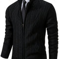 Men's Cable-Knit Stand Collar Full-Zip Cardigan - Black
