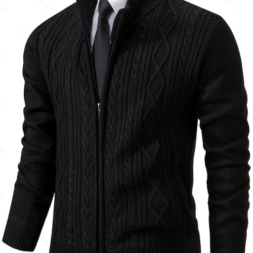 Men's Cable-Knit Stand Collar Full-Zip Cardigan - Black