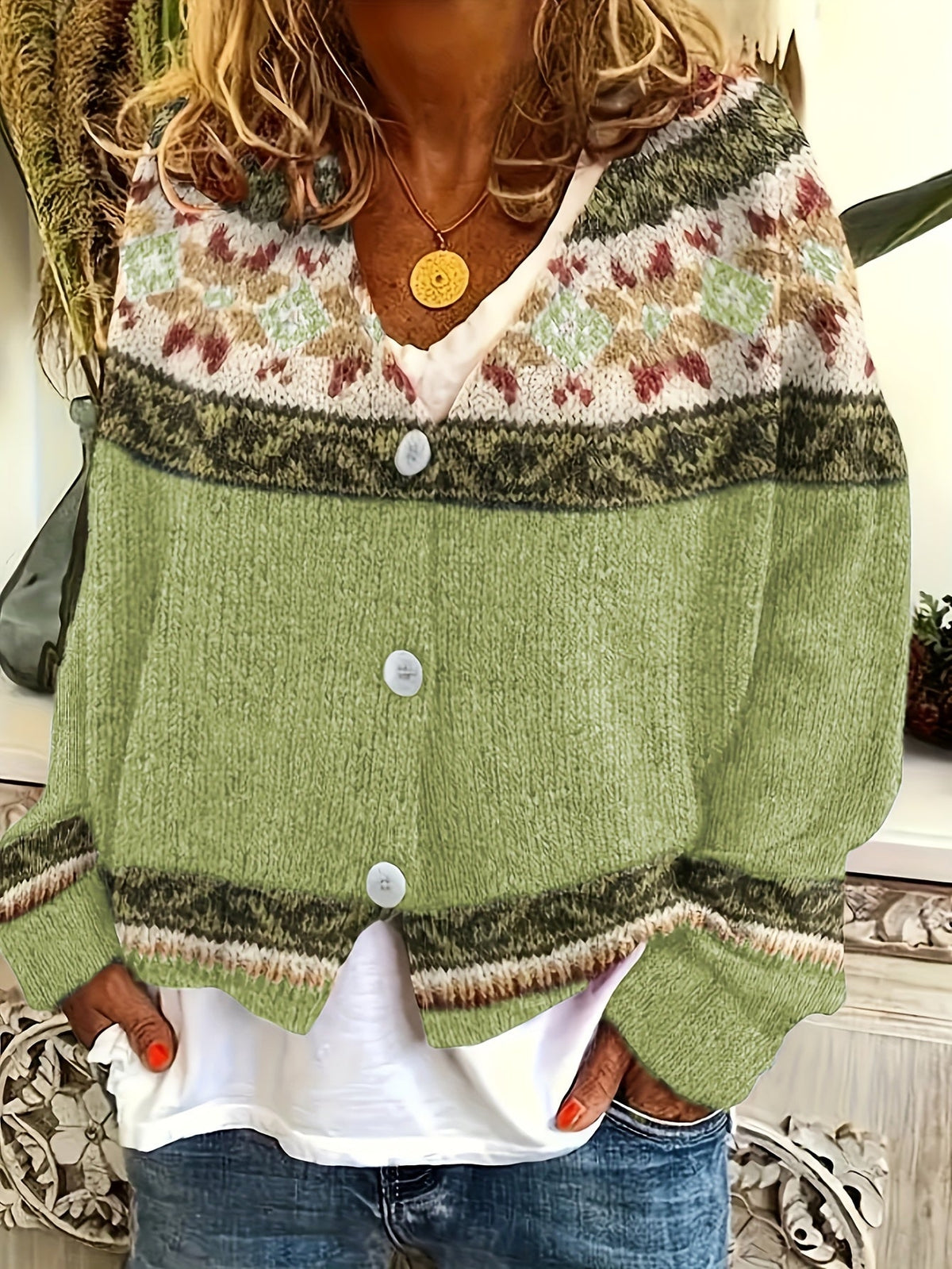 Women's Geometric Yoke Button-Front Cardigan
