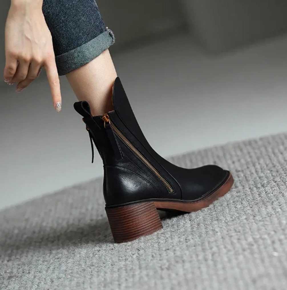 Women's Block Heel Side Zip Ankle Boots