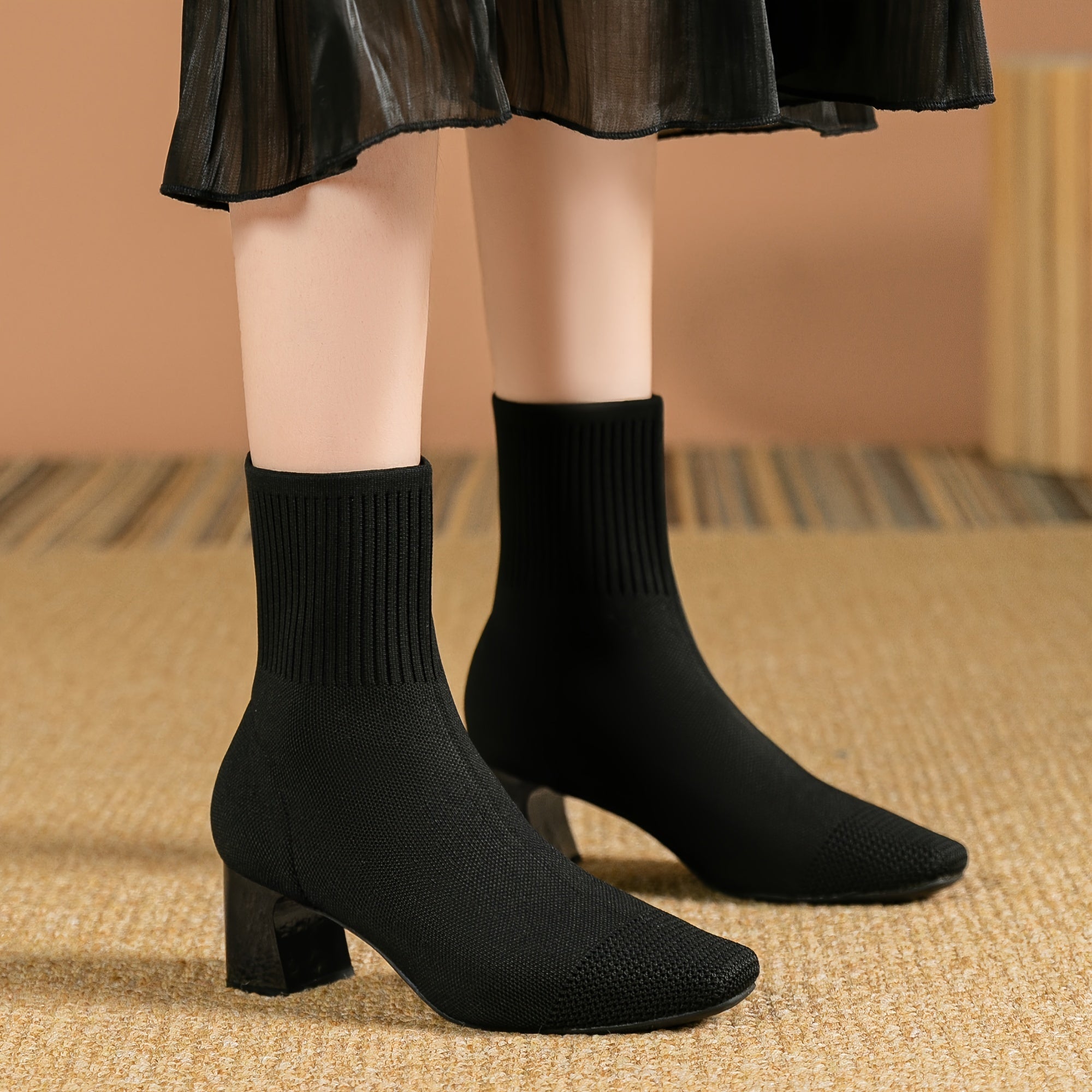 Women's Stretch Knit Ankle Boots with Block Heel