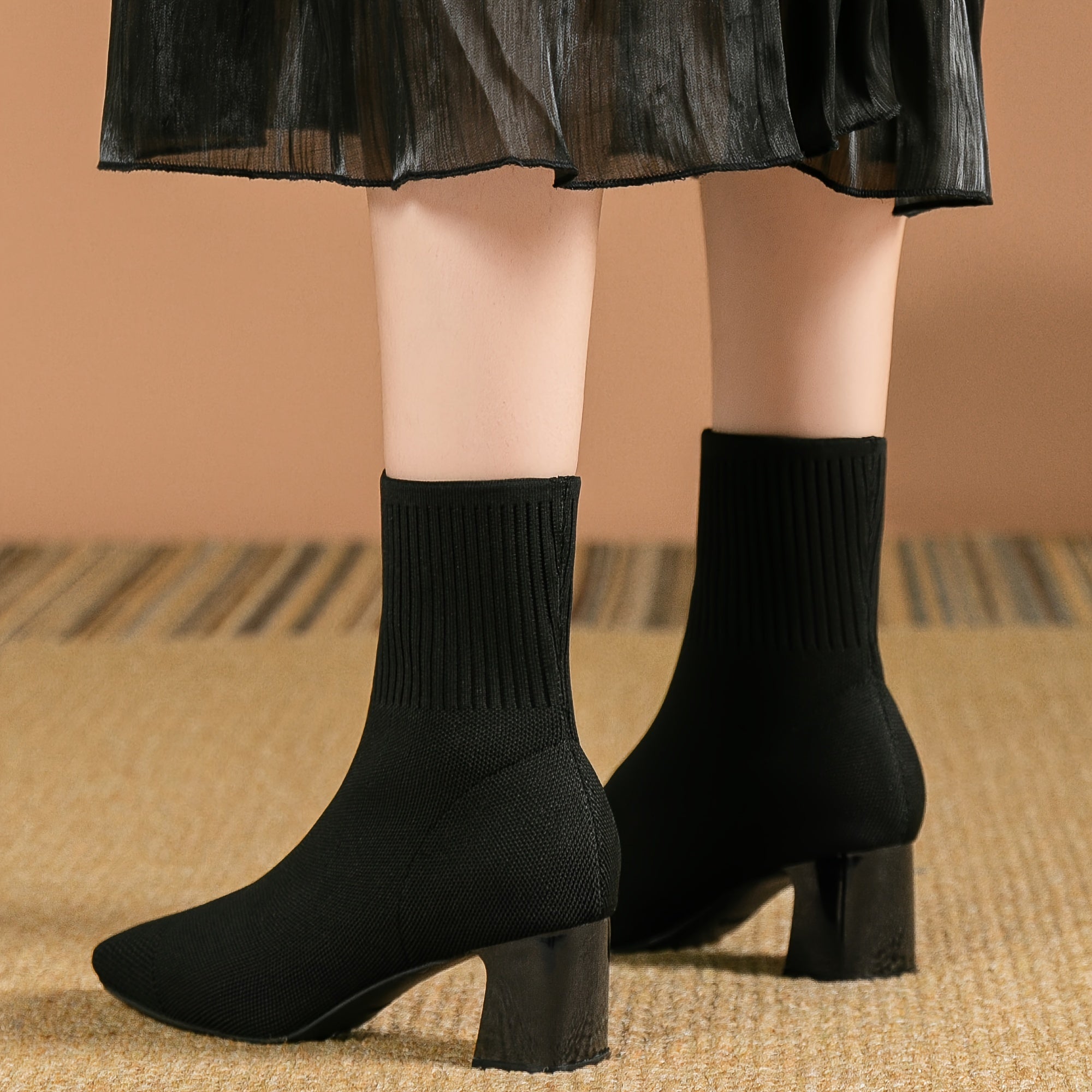Women's Stretch Knit Ankle Boots with Block Heel