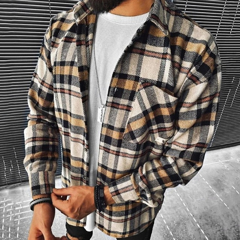Men's Rugged Checked Overshirt with Chest Pocket - Khaki