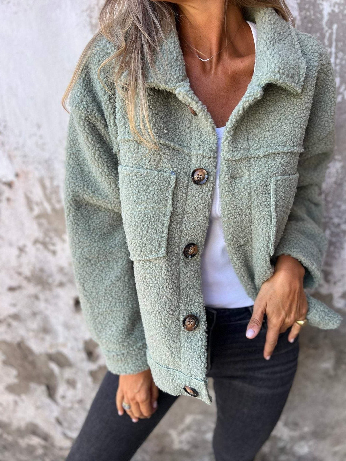 Women's Quilted Button-Front Jacket with Chest Pockets - Green