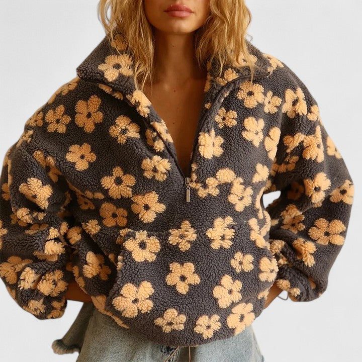 Women's Floral Print Brushed Fleece Half-Zip Pullover - Yellow