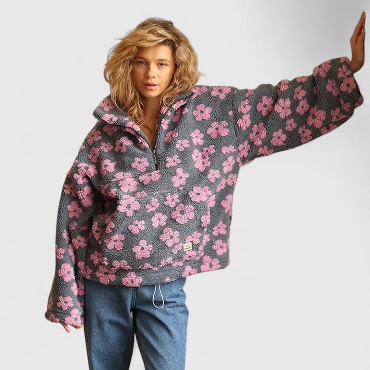 Women's Floral Print Brushed Fleece Half-Zip Pullover - Pink