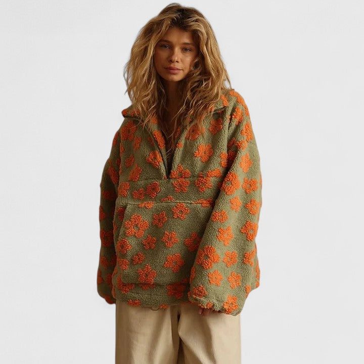 Women's Floral Print Brushed Fleece Half-Zip Pullover - Orange