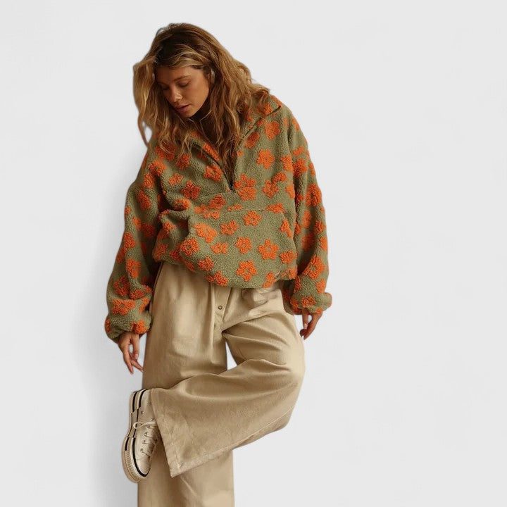 Women's Floral Print Brushed Fleece Half-Zip Pullover