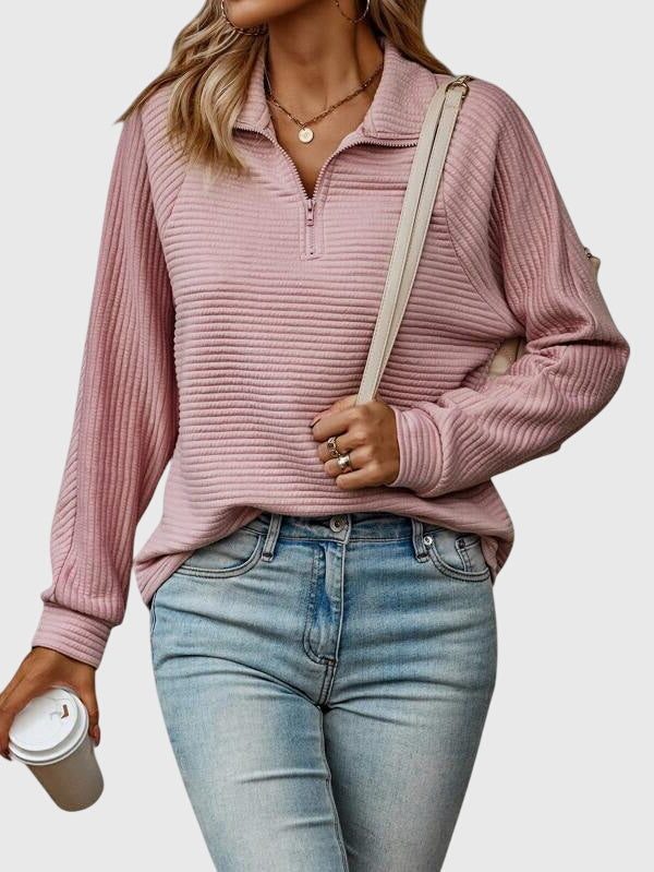 Women's Ribbed Knit Half-Zip Sweater with Fitted Cuffs - Pink