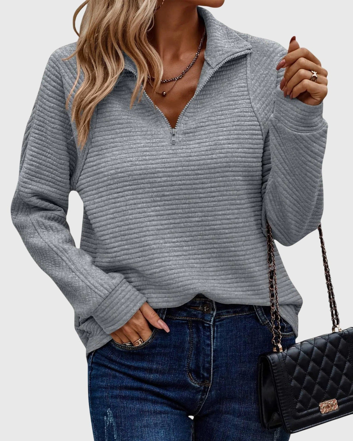 Women's Ribbed Knit Half-Zip Sweater with Fitted Cuffs - Gray