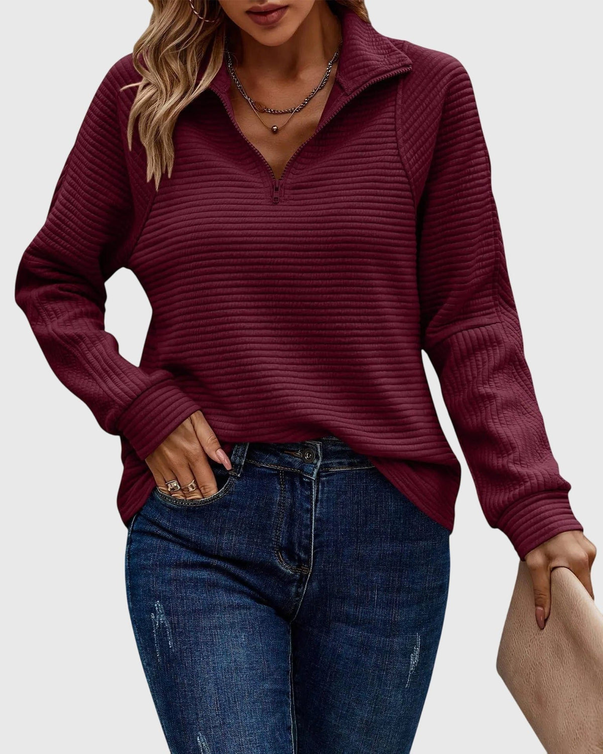 Women's Ribbed Knit Half-Zip Sweater with Fitted Cuffs - Maroon