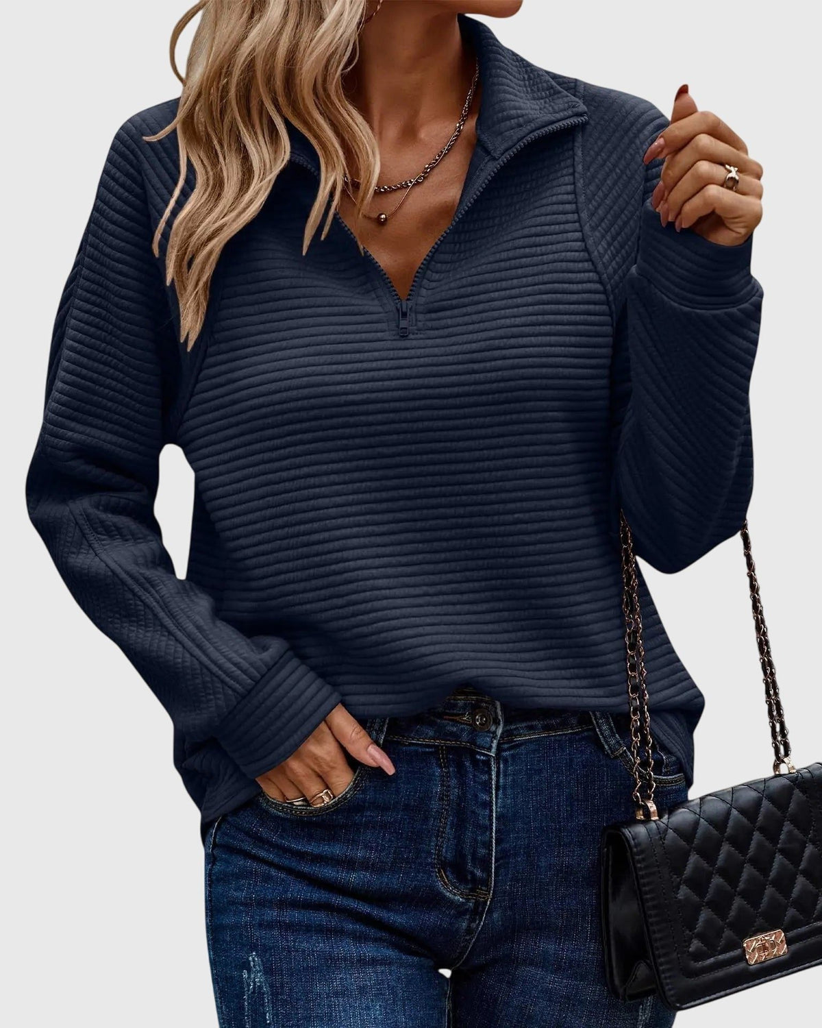 Women's Ribbed Knit Half-Zip Sweater with Fitted Cuffs - Dark Blue