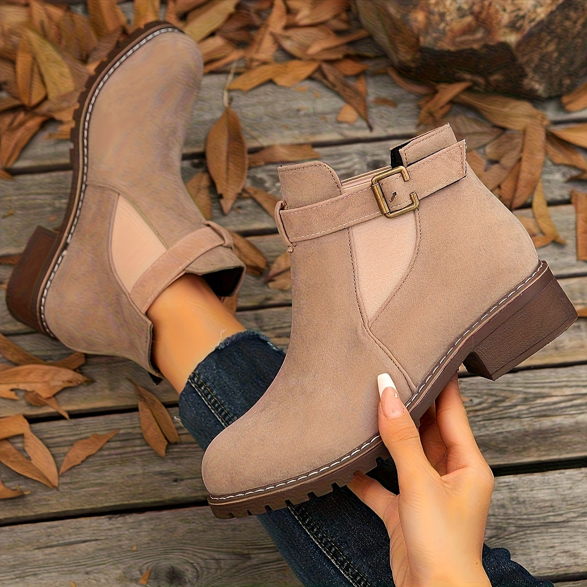 Women's Suede-Style Buckle Ankle Boots with Block Heel