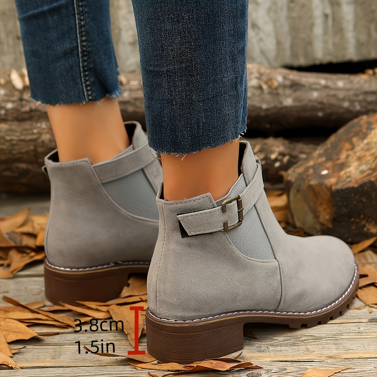 Women's Suede-Style Buckle Ankle Boots with Block Heel - Silvery Gray