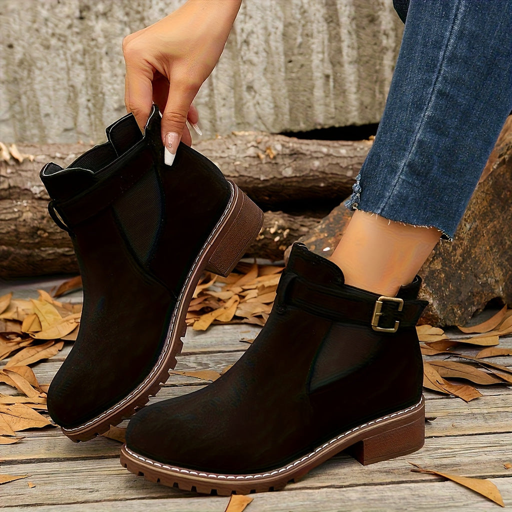 Women's Suede-Style Buckle Ankle Boots with Block Heel