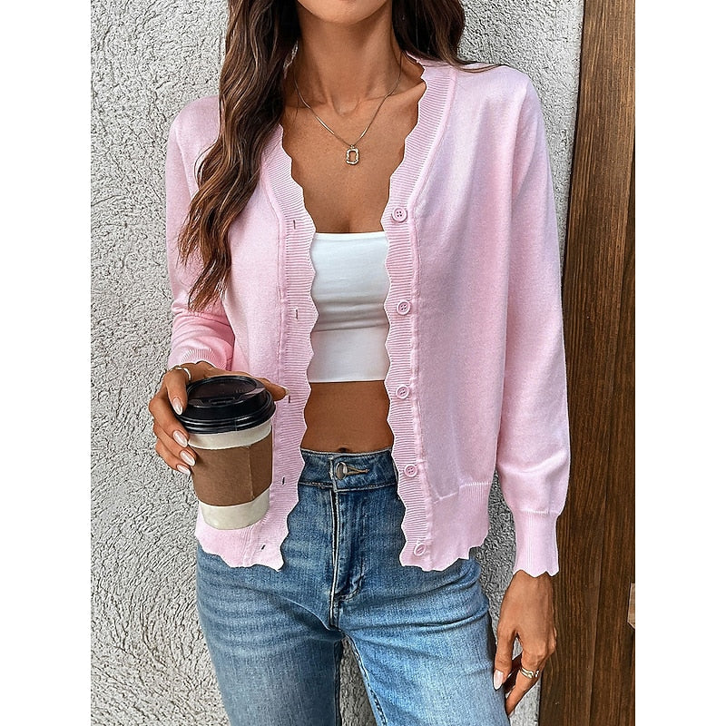 Women's Scalloped-Edge V-Neck Button-Front Cardigan - Pink