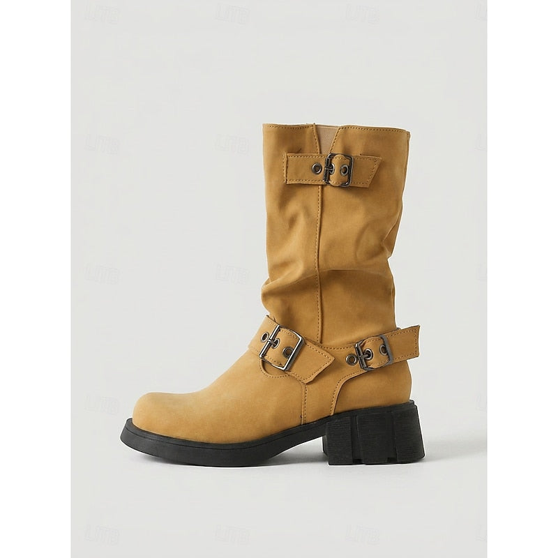 Women's Block Heel Moto Boots with Lug Sole