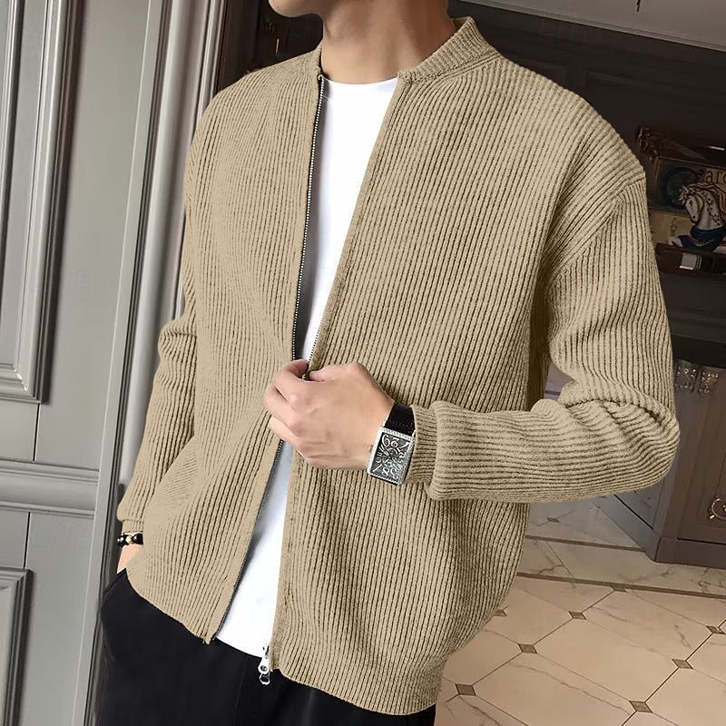 Men's Standing Collar Zip Cardigan - Khaki