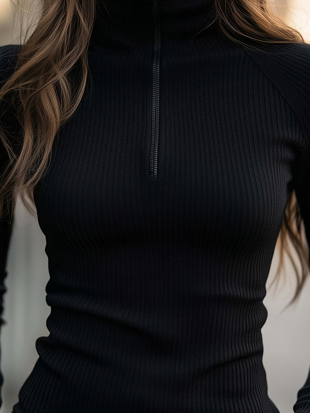 Women's Ribbed Half-Zip High-Neck Slim Top