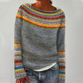 Women’s Striped Crew Neck Ribbed Sweater - Gray/Rainbow