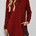 Women's Relaxed Longline Round Neck Sweater with Side Slits - Deep Red